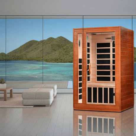 Golden Designs Dynamic Cordoba Low EMF Infrared Sauna in a cozy lifestyle setting