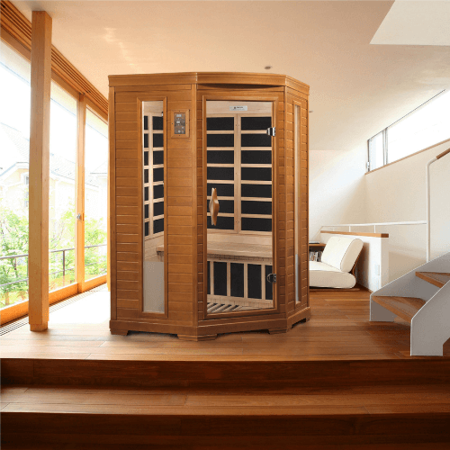 Golden Designs Dynamic Hemingway Low EMF Infrared Sauna in a tranquil lifestyle setting