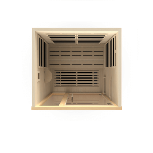 Top angle interior view of the Golden Designs Dynamic Llumeneres Ultra Low EMF sauna