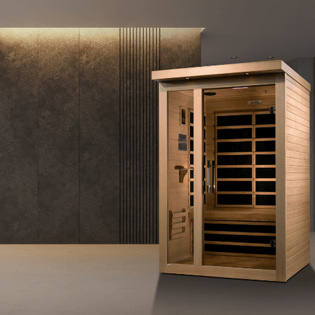 A lifestyle view of the Golden Designs Dynamic Llumeneres Ultra Low EMF sauna