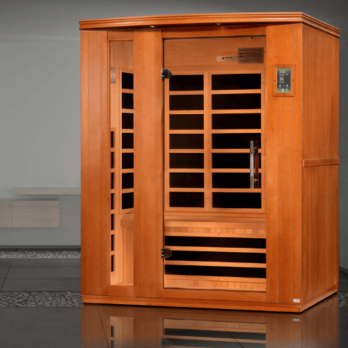 Golden Designs Dynamic Lugano Low EMF Infrared Sauna in a serene lifestyle setting