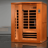 Golden Designs Dynamic Lugano Low EMF Infrared Sauna in a serene lifestyle setting