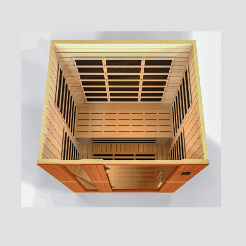 Semi top angle view of the interior of the Golden Designs Dynamic Lugano Low EMF Infrared Sauna