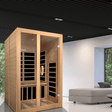 Golden Designs Dynamic Santiago Low EMF Infrared Sauna in a tranquil lifestyle setting