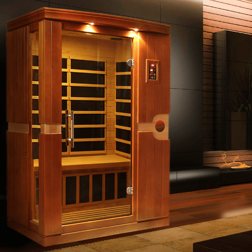 Golden Designs Dynamic Venice Low EMF Infrared Sauna in a relaxing lifestyle setting