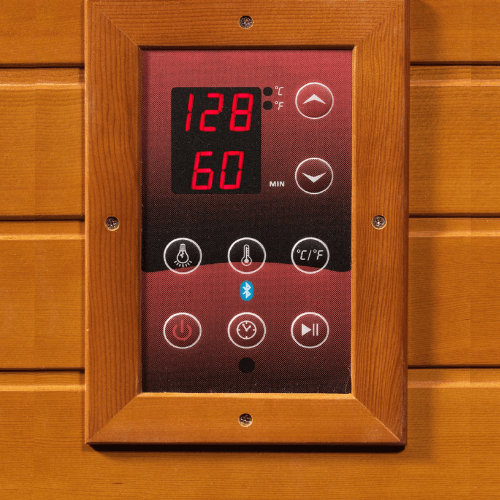 Close-up view of the control panel of the Golden Designs Dynamic Versailles Low EMF Infrared Sauna