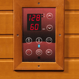 Close-up view of the control panel of the Golden Designs Dynamic Versailles Low EMF Infrared Sauna