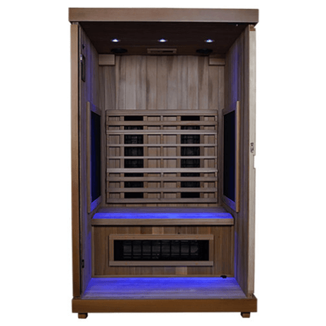 Finnmark Fd-2  Full-Spectrum Infrared Sauna Inside Front View with Blue Light