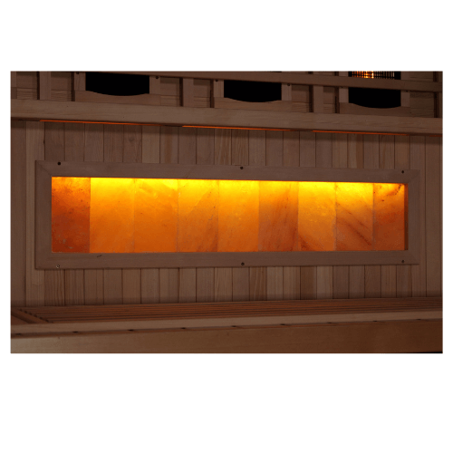 Close-up of the Himalayan salt bar in the Golden Designs 1-2 Person Full Spectrum Infrared Sauna