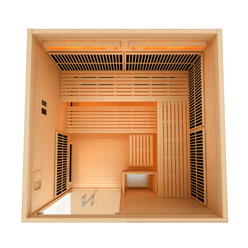 Top angle view inside the Golden Designs 2025 Toledo 6-Person Hybrid Sauna