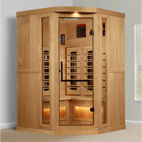 Lifestyle view of the Golden Designs 3-Person Full Spectrum Corner Infrared Sauna