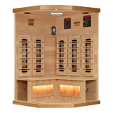 Interior view of the Golden Designs 3-Person Full Spectrum Corner Infrared Sauna