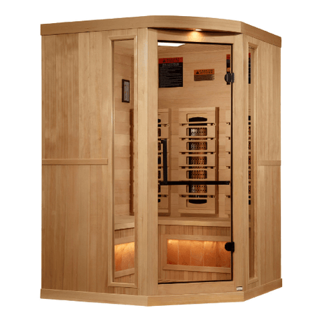 Left side view of the Golden Designs 3-Person Full Spectrum Corner Infrared Sauna