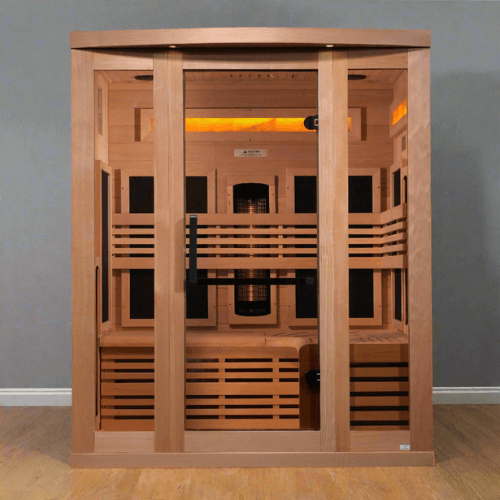 Lifestyle view of the Golden Designs 3-Person Full Spectrum Sauna