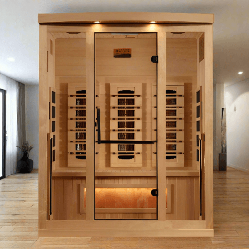 Lifestyle view of the Golden Designs 3-Person Full Spectrum Infrared Sauna