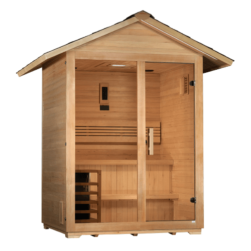 Left side view of the Golden Designs Arlberg 3-Person Traditional Outdoor Sauna