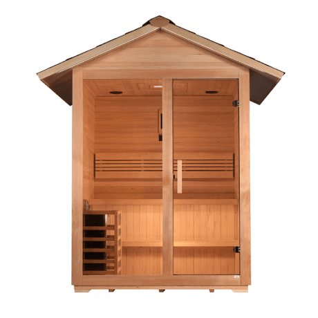 Front view of the Golden Designs Arlberg 3-Person Traditional Outdoor Sauna