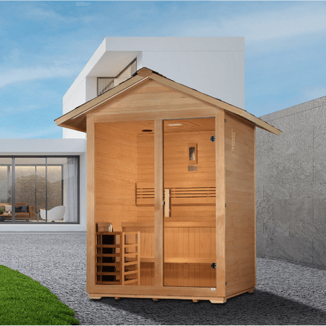 Lifestyle view of the Golden Designs Arlberg 3-Person Traditional Outdoor Sauna