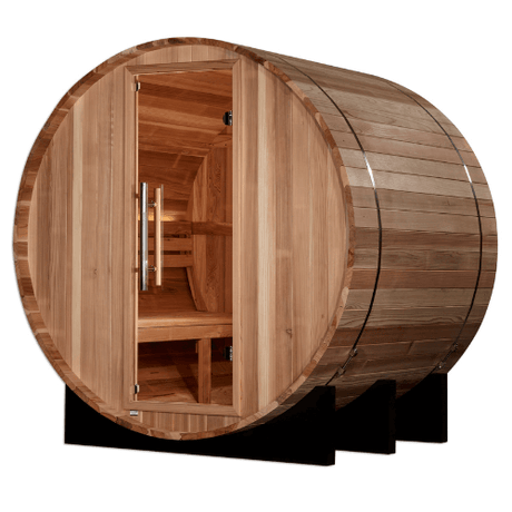 Right side view of the Golden Designs Arosa 4-Person Traditional Barrel Sauna