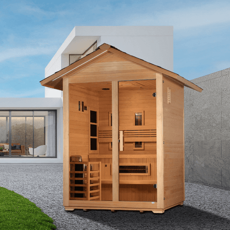 Lifestyle view of the Golden Designs Carinthia 3-Person Hybrid Outdoor Sauna