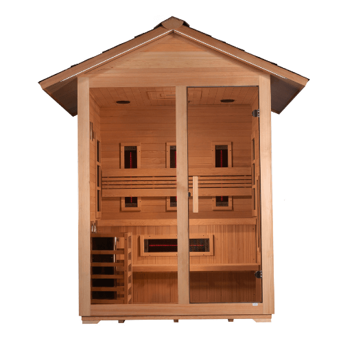 Front view of the Golden Designs Carinthia 3-Person Hybrid Outdoor Sauna