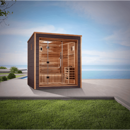 Lifestyle view of the Golden Designs Drammen 3-Person Traditional Outdoor Sauna