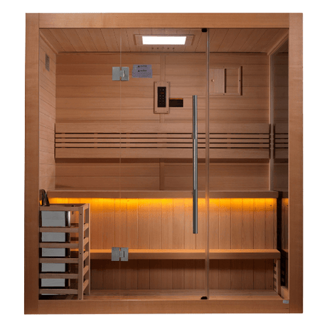 Front view of the Golden Designs Forssa Edition 3-Person Traditional Sauna