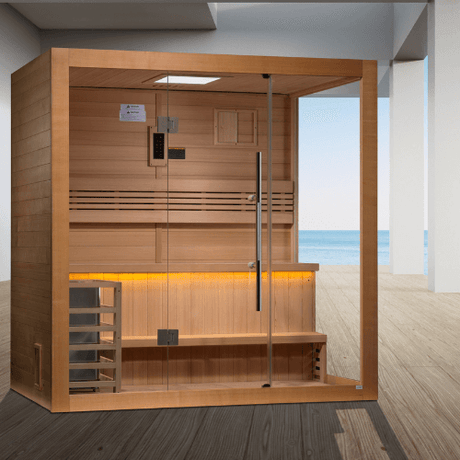 Lifestyle view of the Golden Designs Forssa Edition 3-Person Traditional Sauna