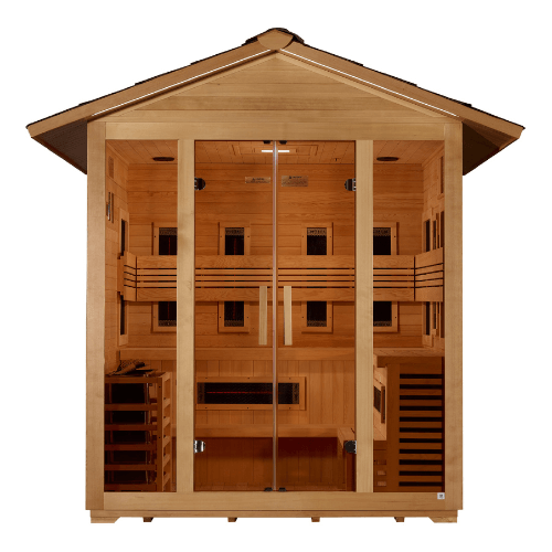 Front view of the Golden Designs Gargellen 5-Person Hybrid Outdoor Sauna