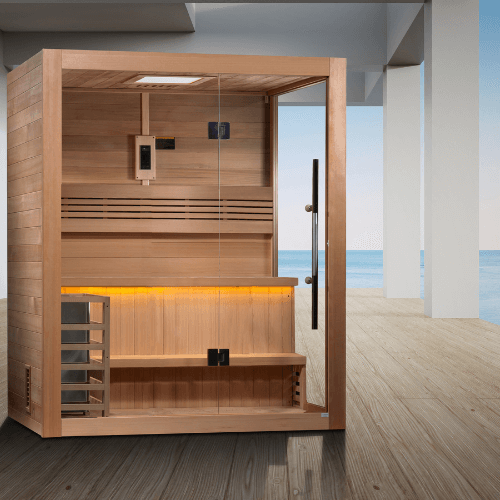 Lifestyle view of the Golden Designs Hanko Edition 2-Person Traditional Sauna