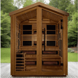 A lifestyle image showcasing the Golden Designs Kaskinen 6-Person Hybrid Outdoor Sauna