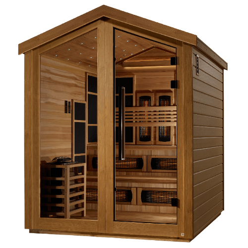 Right side view of the Golden Designs Kaskinen 6-Person Hybrid Outdoor Sauna