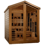 Left side view of the Golden Designs Kaskinen 6-Person Hybrid Outdoor Sauna