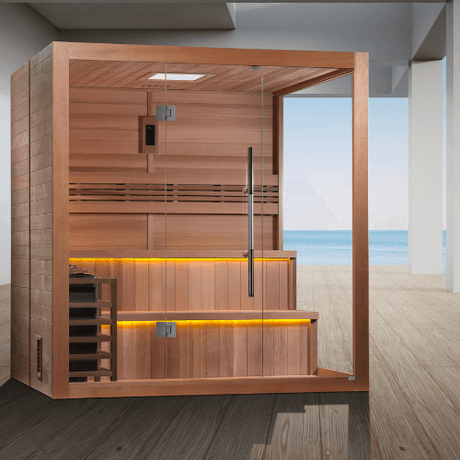 Lifestyle view of the Golden Designs Kuusamo Edition 6-Person Traditional Sauna