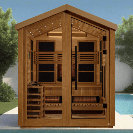 Lifestyle view of the Golden Designs Loviisa 3-Person Hybrid Outdoor Sauna