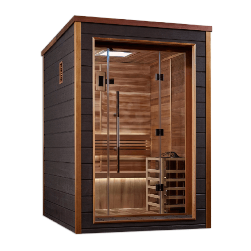 Left side view of the Golden Designs Narvik 2-Person Traditional Outdoor Sauna