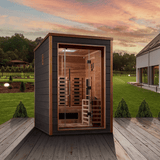 Lifestyle view of the Golden Designs Nora 2-Person Hybrid Outdoor Sauna