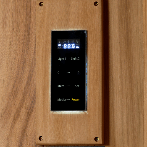 Close-up view of the control panel in the Golden Designs Traditional Sauna made of red cedar