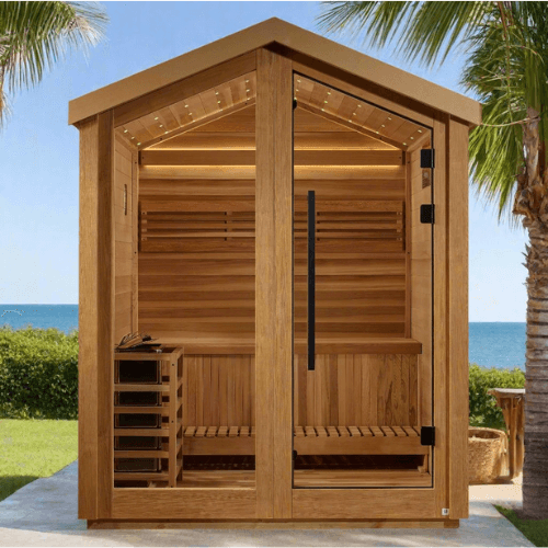 Lifestyle view of the Golden Designs Savonlinna 3-Person Traditional Outdoor Sauna