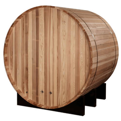 Back view of the Golden Designs St. Moritz 2-Person Traditional Barrel Sauna