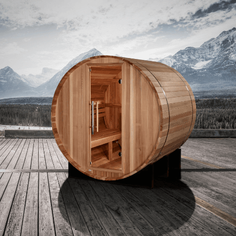 A lifestyle image of the Golden Designs St. Moritz 2-Person Traditional Barrel Sauna