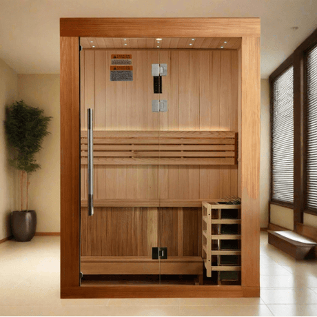 Lifestyle view of the Golden Designs Sundsvall 2-Person Traditional Sauna made of red cedar