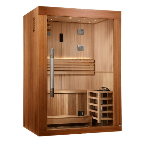 Left side view of the Golden Designs Sundsvall 2-Person Traditional Sauna made of red cedar