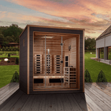 Lifestyle view of the Golden Designs Visby 3-Person Hybrid Outdoor Sauna