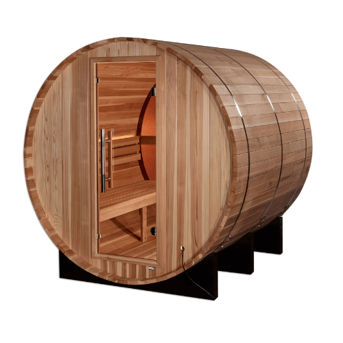 Right side view of the Golden Designs Zurich 4-Person Traditional Barrel Sauna