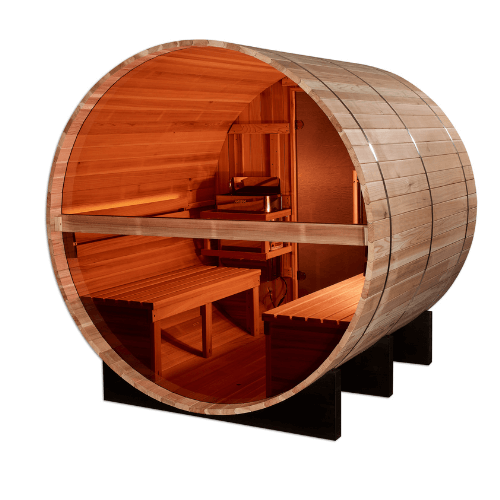 Inside view of the Golden Designs Zurich 4-Person Traditional Barrel Sauna