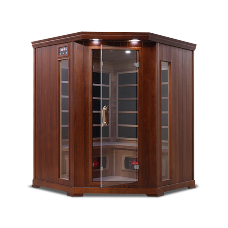 Front view of the Healthsmart 4-person full spectrum corner infrared sauna with hemlock finish, glass door, and windows, showcasing the interior view.