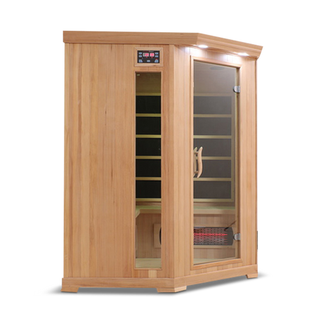 Side view of the Healthsmart 4-person full spectrum corner infrared sauna with cedar finish, glass door, and windows, showcasing the interior view.