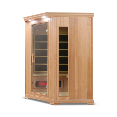 Right side view of the Healthsmart 4-person full spectrum corner infrared sauna with cedar finish, glass door, and windows, showcasing the interior view.