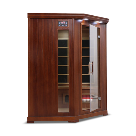 Left side view of the Healthsmart 4-person full spectrum corner infrared sauna with hemlock finish, glass door, and windows, showcasing the interior view.